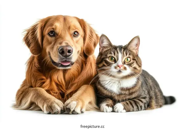 Friendly Golden Retriever and Cat Portrait