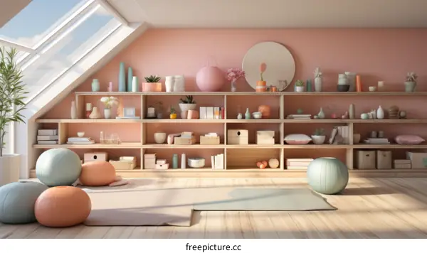 Soft Pastel Yoga Room with Mats and Colorful Props