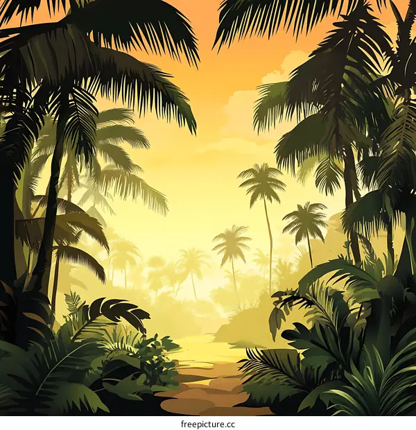 Tropical Palm Tree Forest Sunset