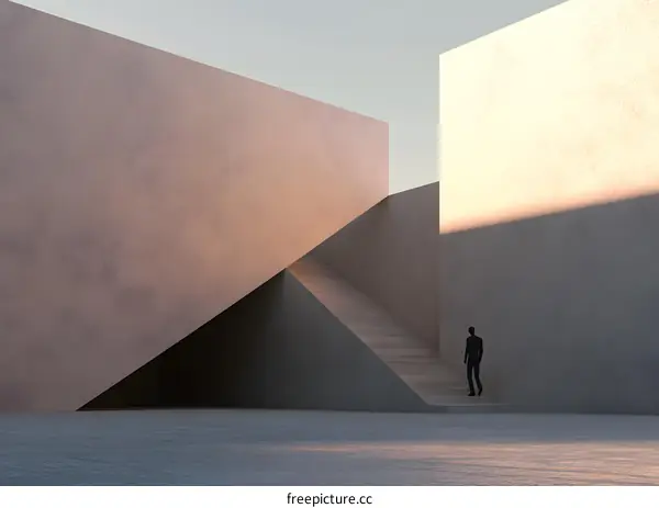 Minimalist Concrete Staircase with a Single Person Walking Up