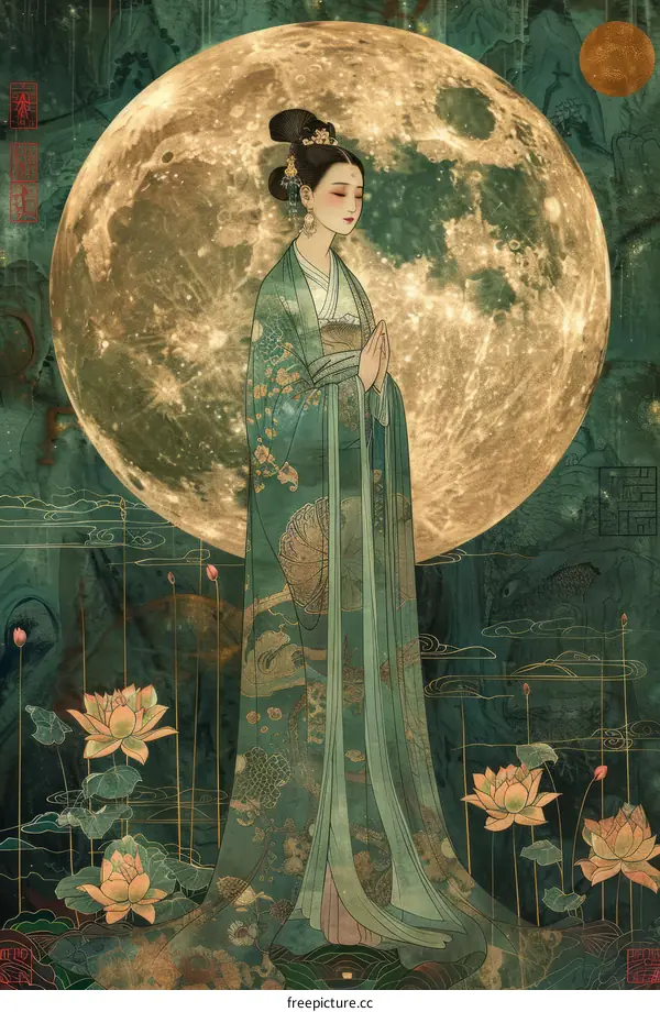 Chinese Woman Praying during the Mid-Autumn Festival