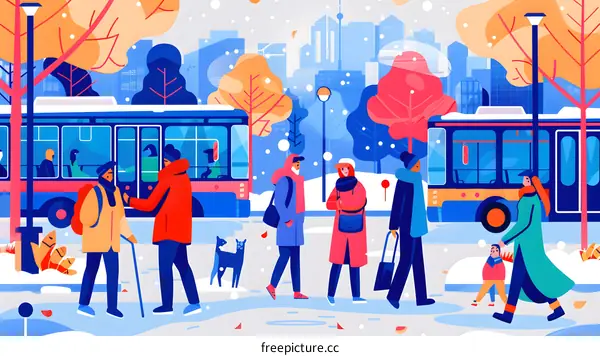 Winter City Scene With People Waiting For Bus In Snowy Day