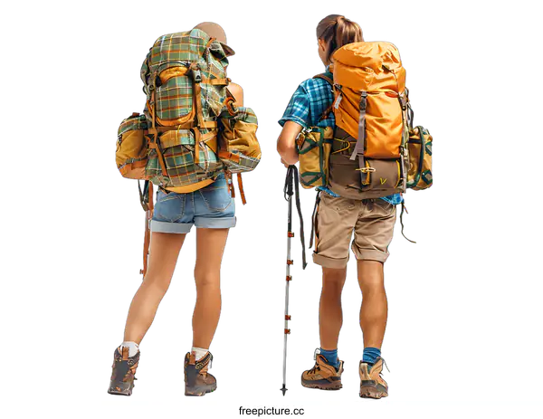 [Transparent Background PNG]A couple of hikers with large backpacks