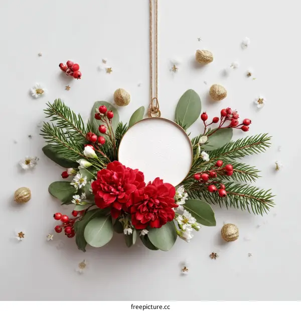 Christmas Decorative Frame with Red Flowers and Berries