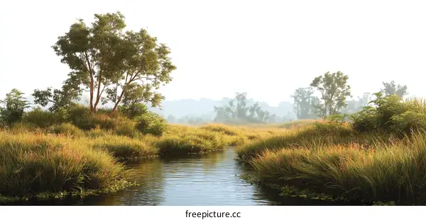 Misty Morning Landscape with Trees and Grass