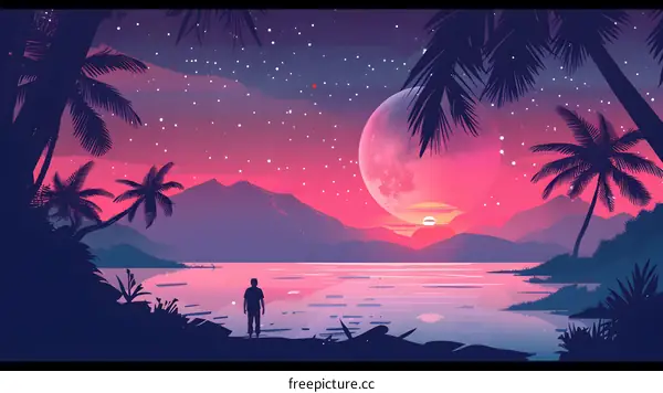Silhouette of Man Standing on Beach with Large Pink Moon in Night Sky