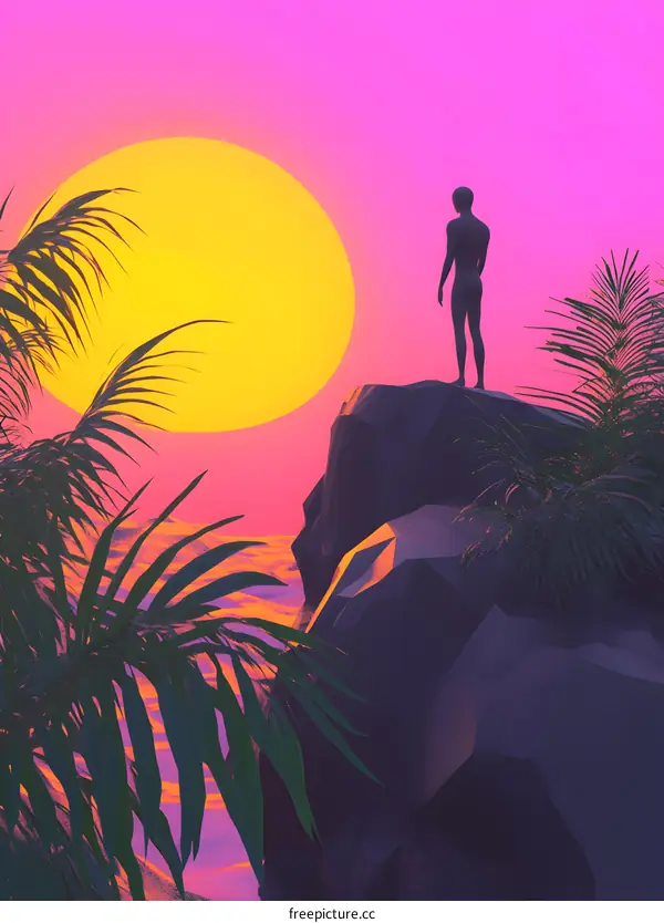 Silhouette of a Person Standing on a Rock Cliff with Palm Trees and a Sunset