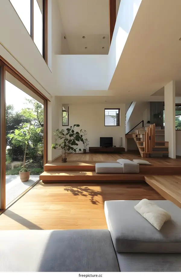 Modern Japanese Living Room Design with Wooden Floors and Large Windows