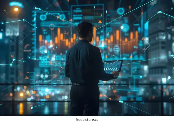 Businessman looking at data visualization of city at night
