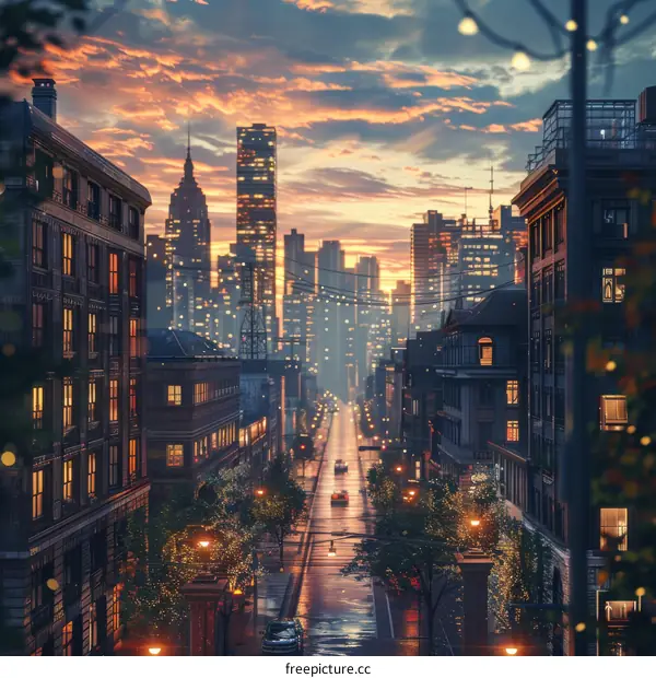 Evening Cityscape Illustration with Illuminated Buildings