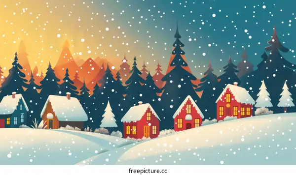 Snowy Village Landscape with Red Roofed Houses and Snow Covered Trees