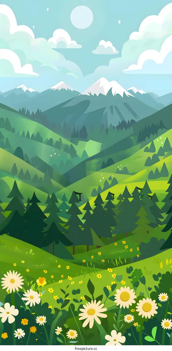 Green Meadow with Mountains and Sky in the Background