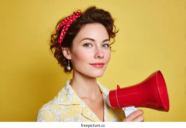 Woman Holding Megaphone on Yellow Background