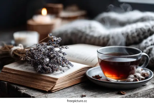 Cozy Autumnal Tea Time with Lavender and Book