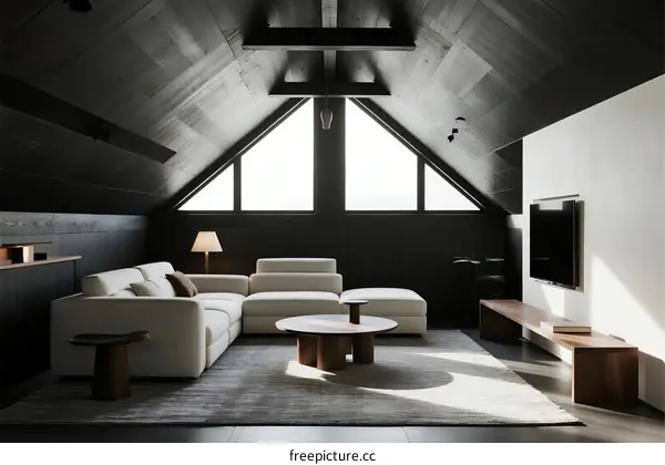 Modern Minimalist Attic Living Room with White Sofa and Large Windows