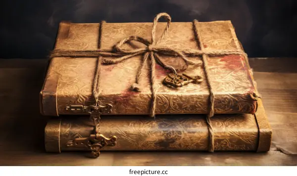 Two old books tied together with a rope