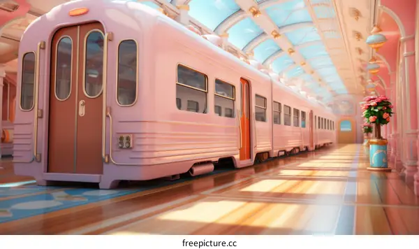 Retro Pink Train at a Beautiful Station
