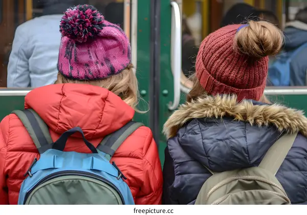 Two Girls in Winter Clothes With Backpacks
