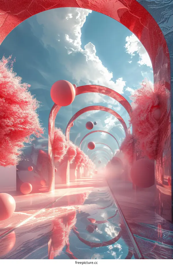 Surreal Pink Trees and Walkway in a Blue Sky