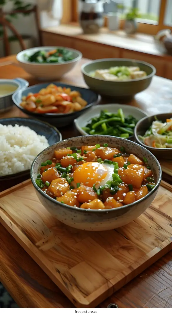 A delicious Japanese dish with rice, vegetables and egg