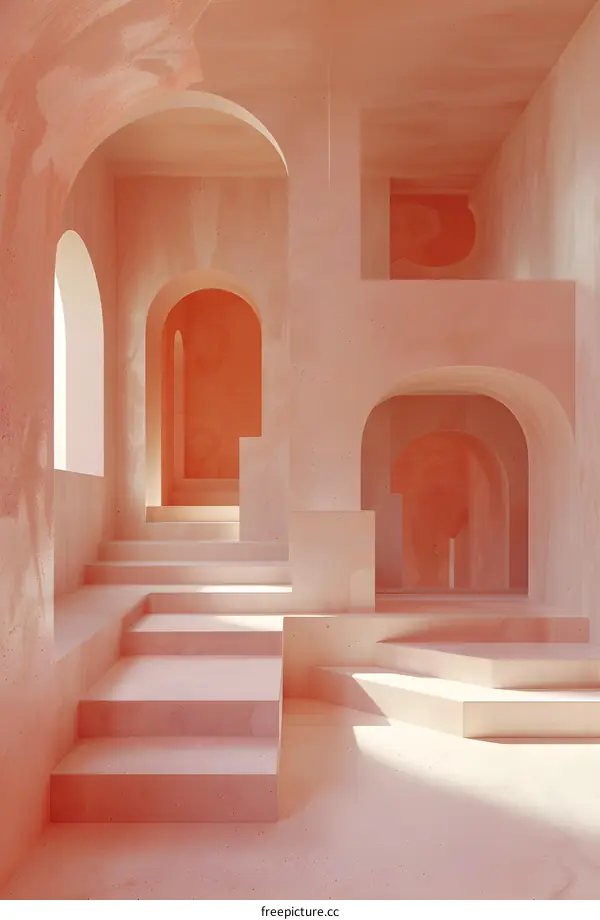 Pink abstract room with arches and steps