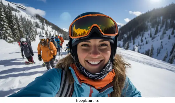 A group of friends skiing down a snowy mountainside
