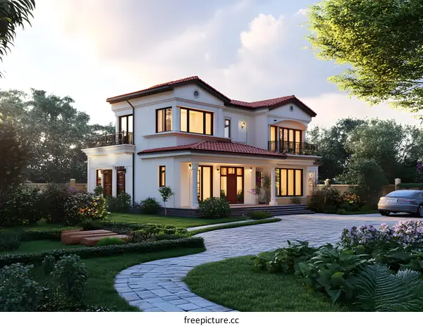 Modern White House with Red Roof and Green Lawn