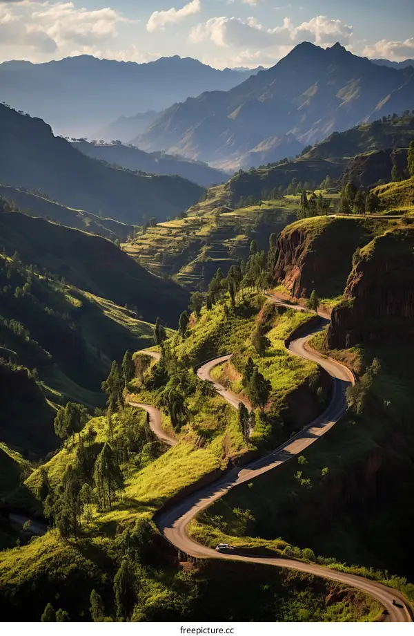 Winding road through the beautiful green mountains