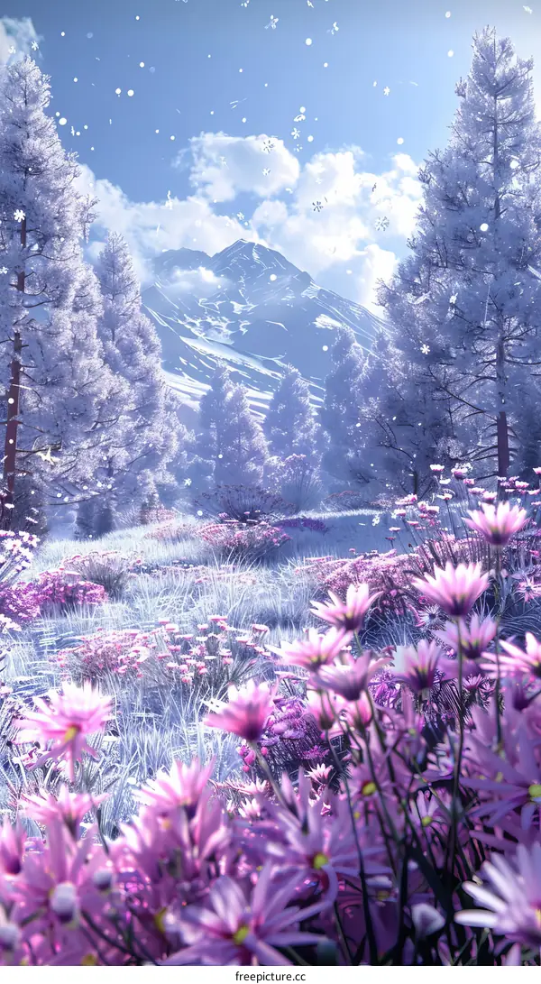 Snow-capped mountains, coniferous forest, and a field of purple flowers