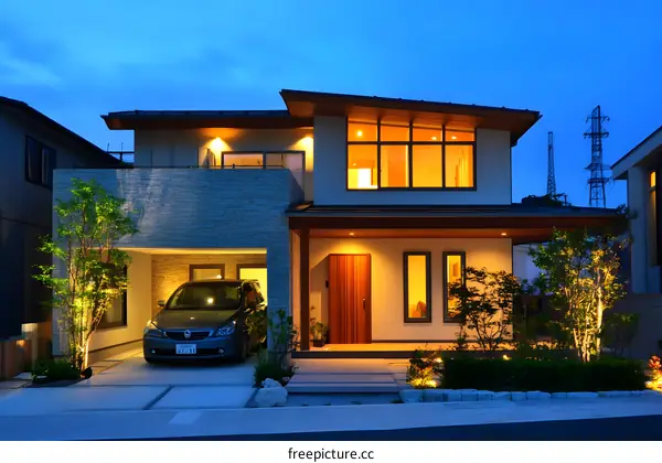 Modern Two Story House with Car in Garage at Night