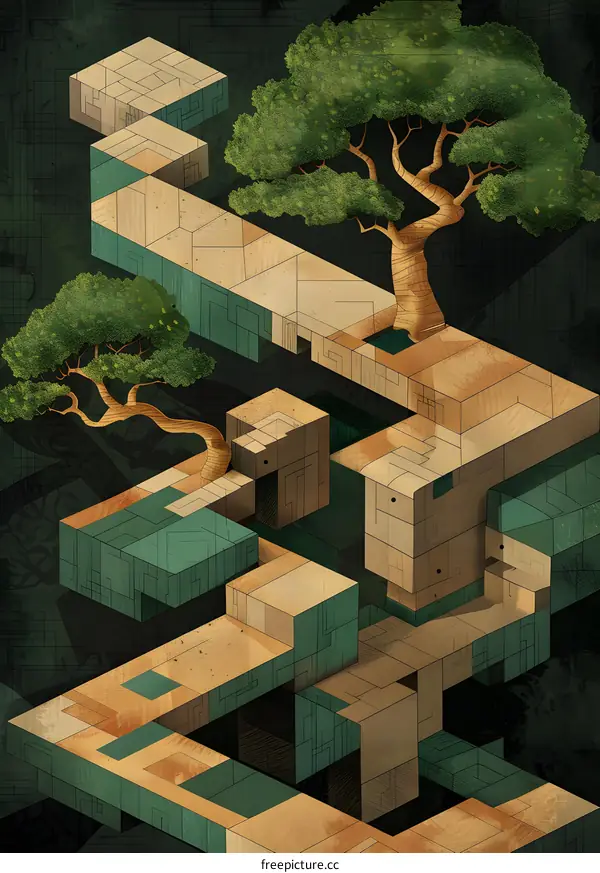 Abstract Geometric Illustration of Trees Growing on Wooden Structures
