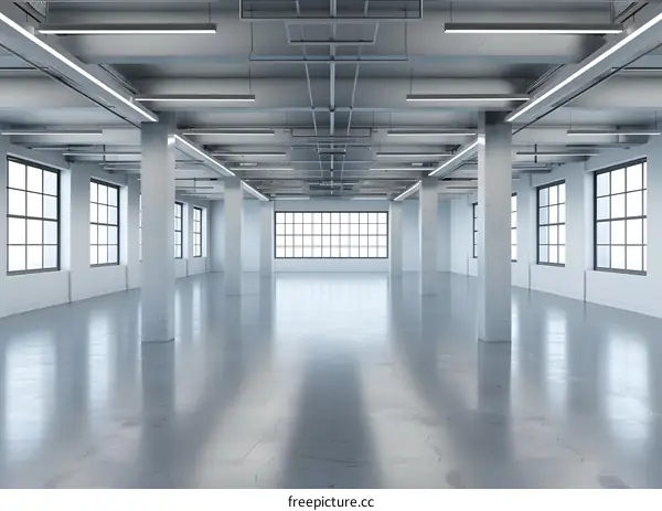 Empty Industrial Space with Large Windows and Concrete Pillars