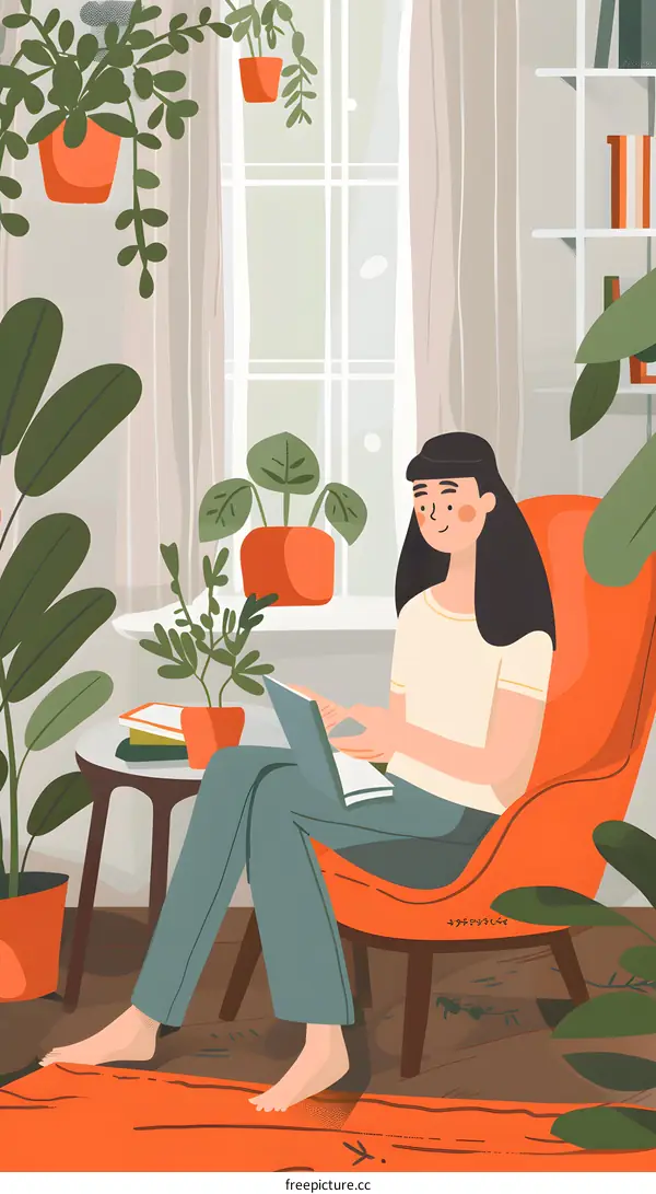Woman Relaxing in a Chair with Plants