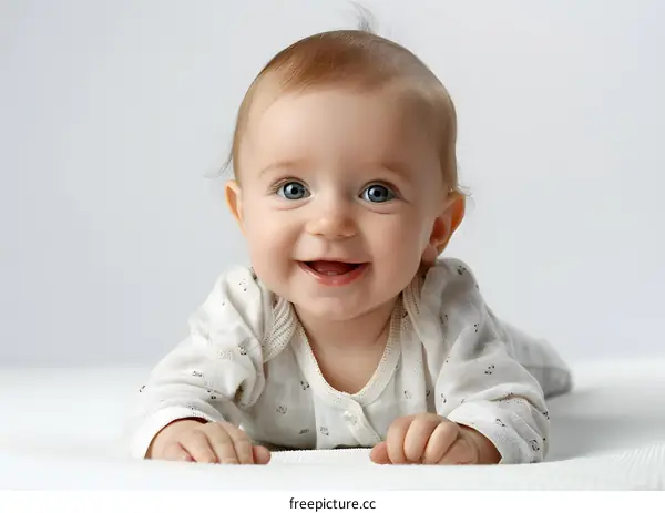 Adorable Baby Girl Smiling On White Blanket