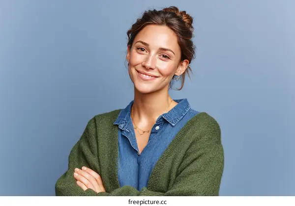 Smiling Woman in a Green Cardigan