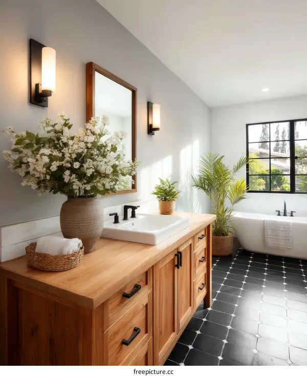 Modern Wooden Bathroom Vanity with Black Tiles