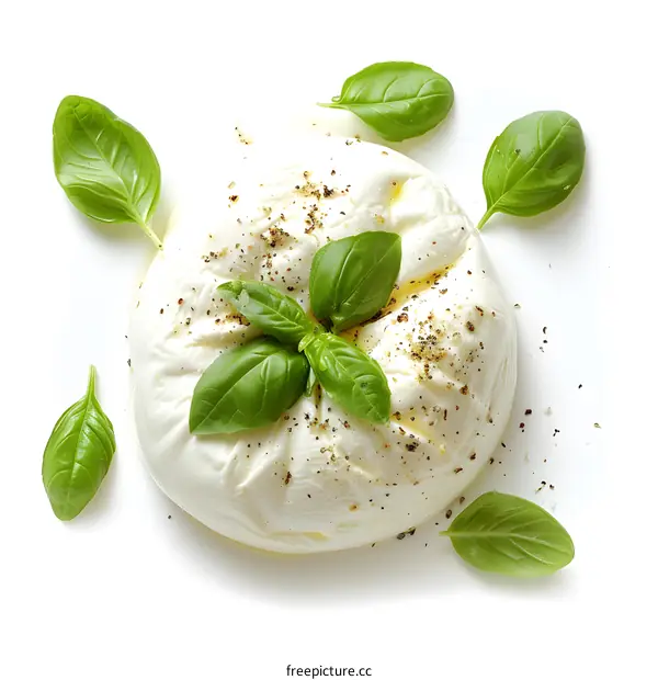 Fresh burrata cheese with basil leaves