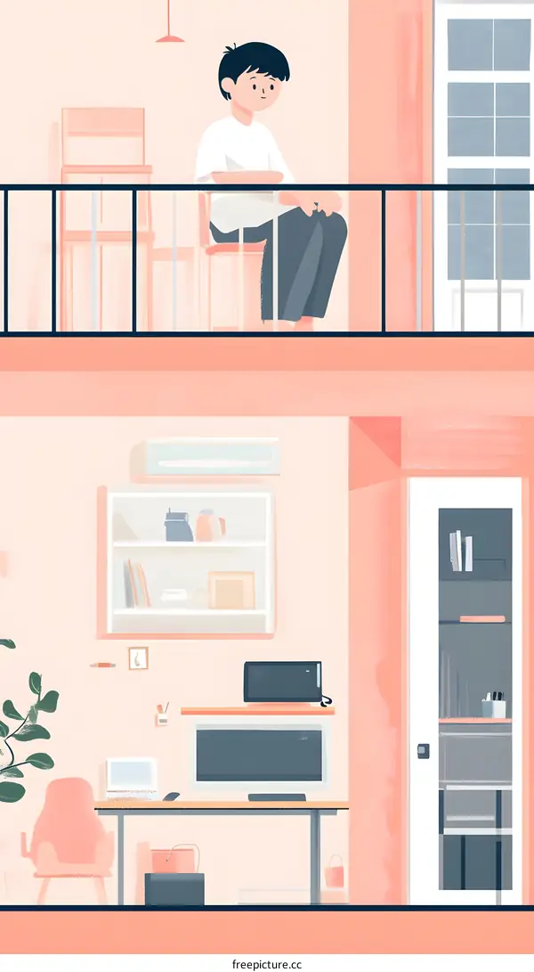 Man Sitting On Balcony Looking At View Illustration