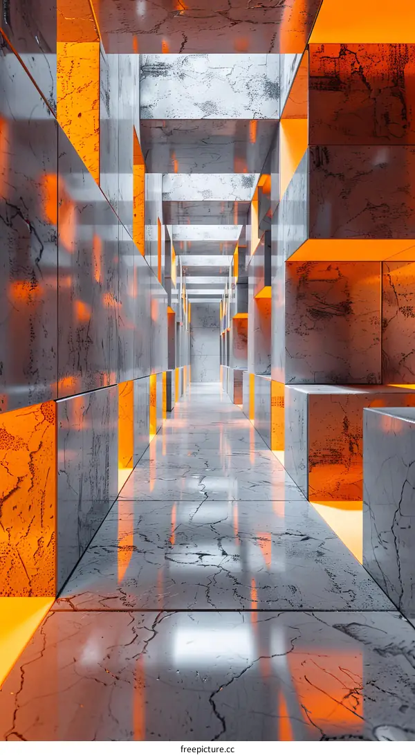 Abstract Geometric Architecture Corridor with Orange Light