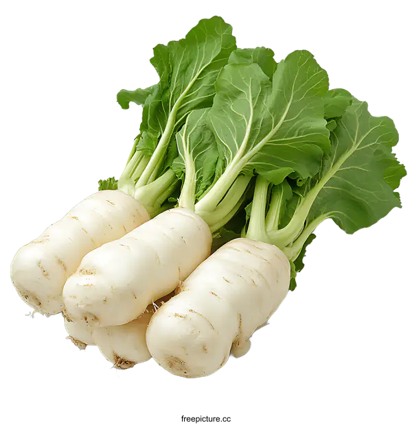 [Transparent Background PNG]Fresh White Radishes with Green Leaves