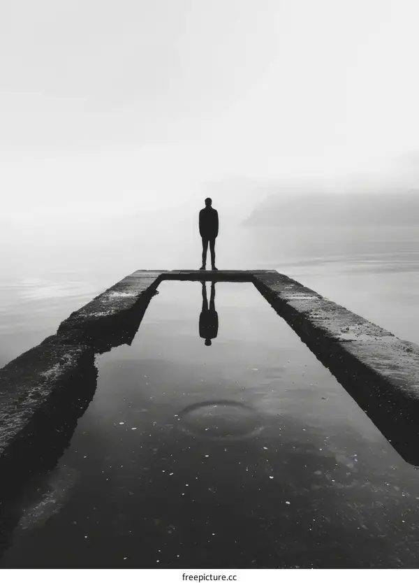 Man standing alone on a pier in the middle of the sea with a foggy background