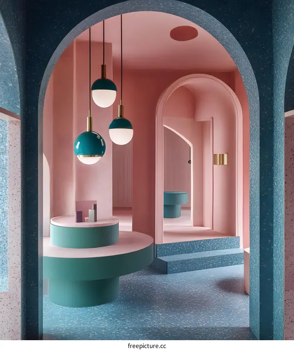 Modern Interior Design with Pink Walls and Blue Floor