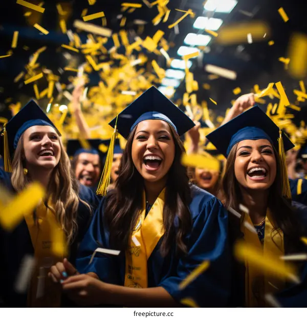 Three happy female graduates in caps and gowns celebrate with confetti falling