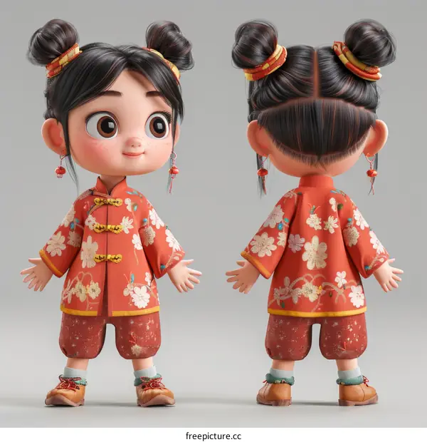 A cute cartoon girl with black hair and red clothes