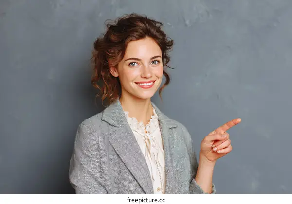 Smiling Woman Pointing Forward in a Stylish Gray Blazer