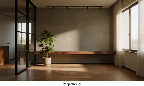 Modern minimalist room with wooden floor and large window