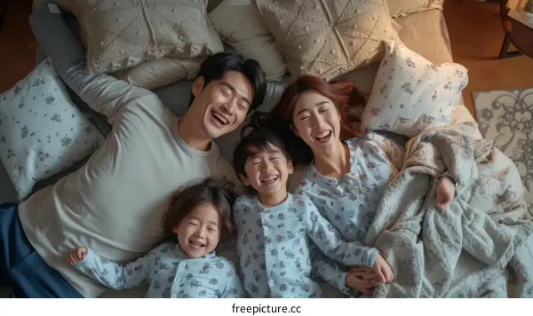 A happy family of four is lying on a bed together.