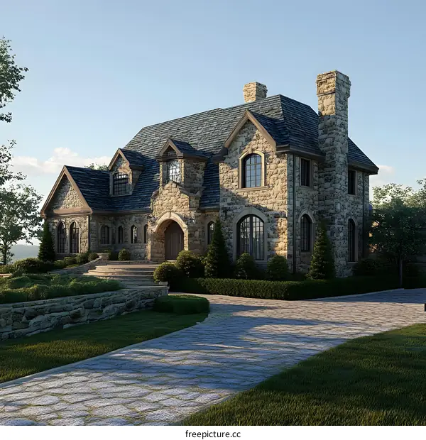Stone Mansion House with Green Grass and a Driveway