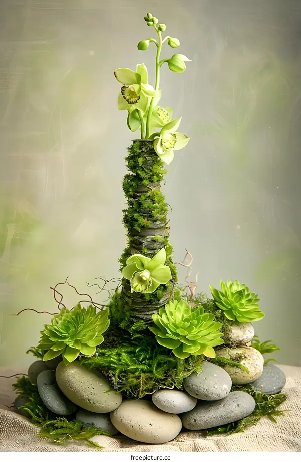Green Orchid and Succulent Flower Arrangement with Stones and Moss