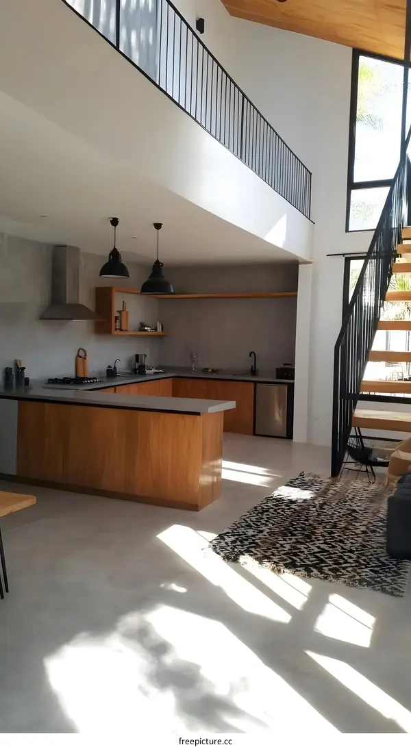 Modern Kitchen and Living Room Interior Design with Wooden Flooring and Concrete Walls